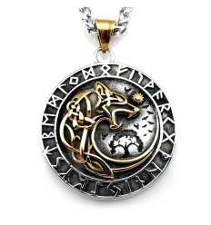 Colgante Lobo Fenris Wolf Circulo Runas Acero (dorado y plateado)