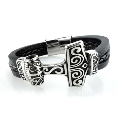 Pulsera Martillo Thor Acero Cuero