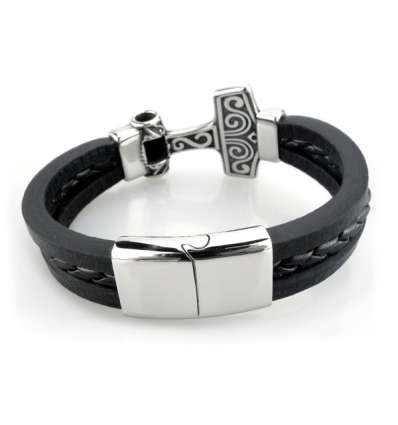 Pulsera Martillo Thor Acero Cuero