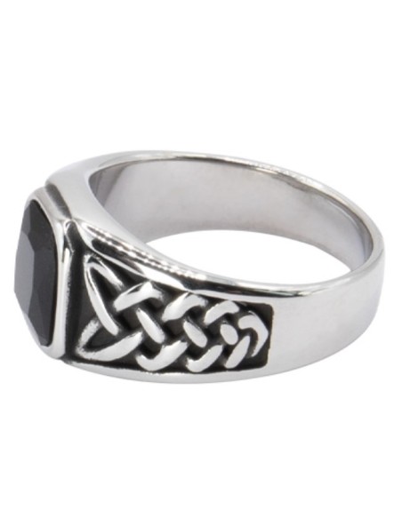 Anillo Piedra Negra Celta Acero