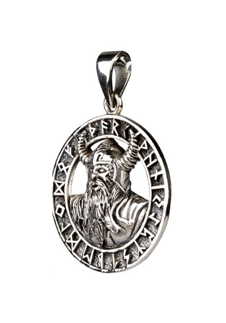 Colgante Cabeza Vikingo Runas Plata