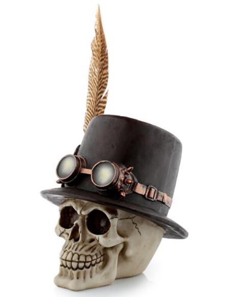 Calavera con Gafas, Sombrero con Pluma Steampunk