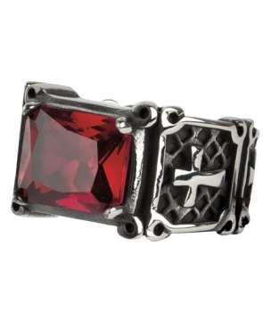 Anillo Cruz Piedra Roja Acero