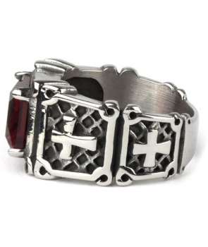 Anillo Cruz Piedra Roja Acero 2